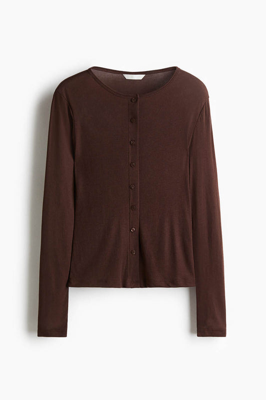 Button-front fine-knit top